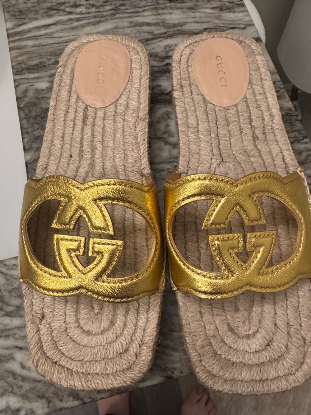 Gucci Metallic Gold Interlocking G Espadrille Slide Mules